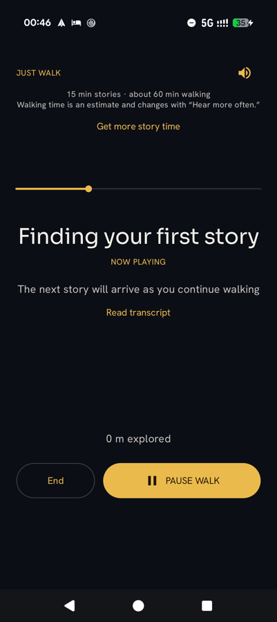 TimeWalk walking screen finding the first story